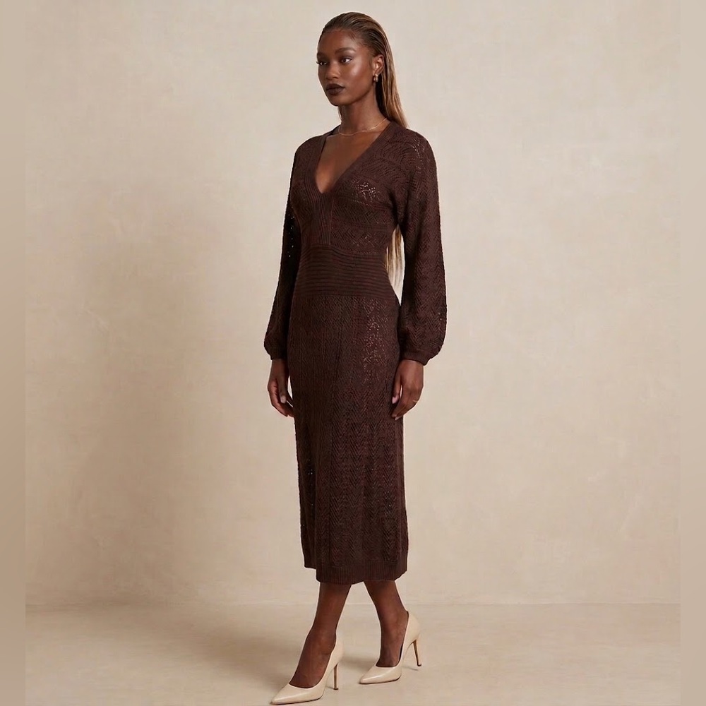 Adrianna Papell Chocolate Brown V-Neck Knit Dress